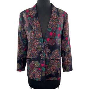 GALLANT Vintage Black Multicolor Mixed Print One Button Wool Blazer Jacket 6 VTG